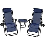 Sunnydaze Outdoor Zero Gravity Reclining Lounge Chairs Set of 2, with Pillows, Cup Holders and Matching Table with Built-in Cup Holders, Navy Blue