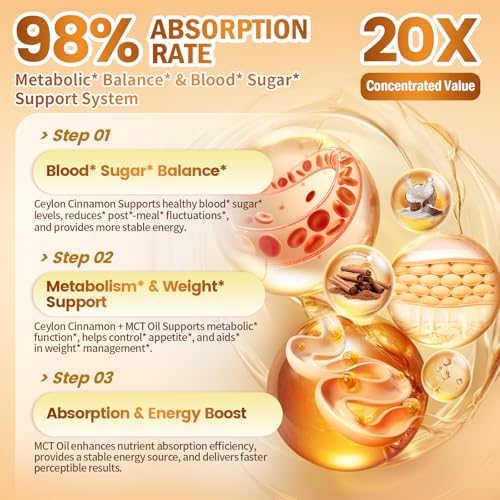2-in-1 Organic Ceylon Cinnamon with MCT Oil Supplements Softgels, 120 Day Supply, Liposome Highly Bioavailable Extract, Energy & Metabolism Support, Non-GMO, Gluten Free, 120 Large Granule Softgels