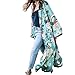 Women Boho Floral Print Long Kimono Cardigan Robe Coat Jackets with Tie Waist (L, Green)