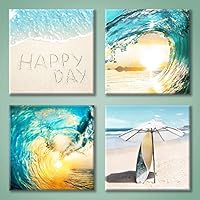 Seascape Pictures Wave Wall Art: Light Blue Wave & Surfboard Under The Parasol Canvas Painting Print for Bathroom (12