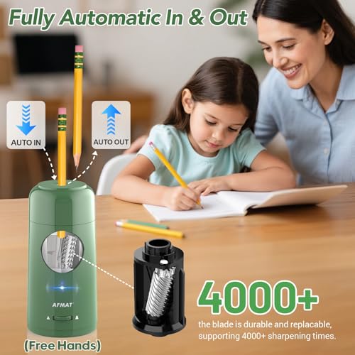 AFMAT Electric Pencil Sharpener, Rechargeable Automatic Pencil Sharpener for Jumbo & Colored Pencils (7-11.5mm), Auto in/Out, Hands-Free, Large Shaving Box, Portable for Kids/Home/Classroom/School