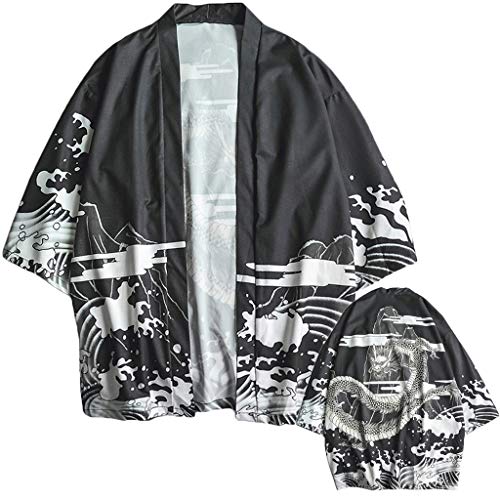 Men's Embroidery Kimono Cardigan Casual Cotton Linen Seven Sleeves Open Front Coat