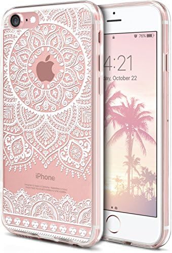 iPhone 8 Case, iPhone 7 Phone Cover,ROOEL [White Mandala Henna Lace Artwork Pattern] Slim Soft Protective TPU Bumper Frame Hard Clear Transparent Acrylic PC Plastic Back