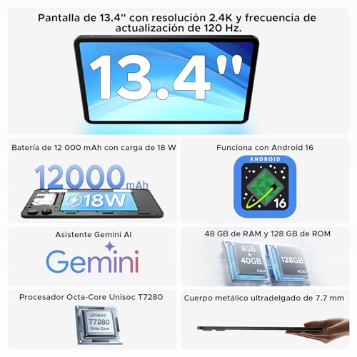 Easerush P13 Tablets 13.4 Pulgadas, 2.4K 120Hz Tablet Android 16 & Gemini AI, 48GB RAM + 128GB ROM, T7280, 120P1300mAh, Widevine L1, 13MP+8MP, Altavoces Duales, Tablet con Teclado, Lapiz, Funda, Negro