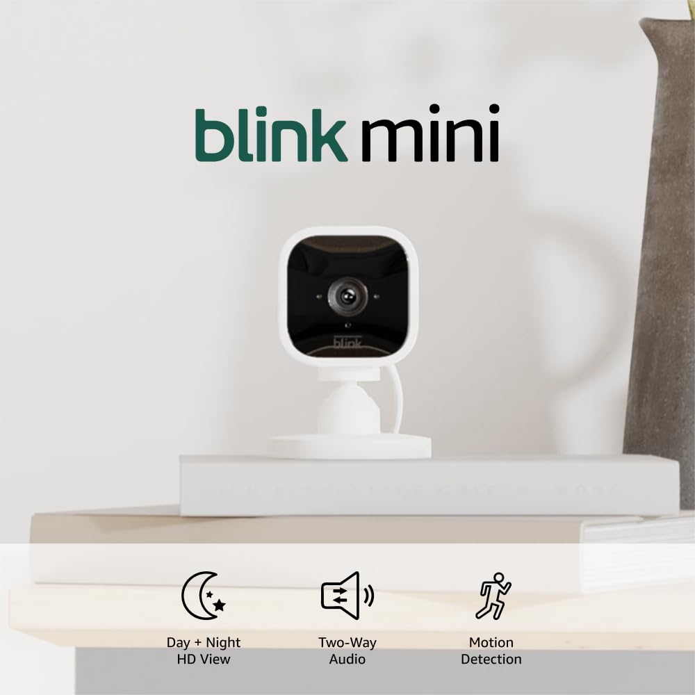 Blink Mini - Compact indoor plug-in smart security camera, 1080p HD video, night vision, motion detection, two-way audio, easy set up, Works with Alexa – 3 cameras (White)