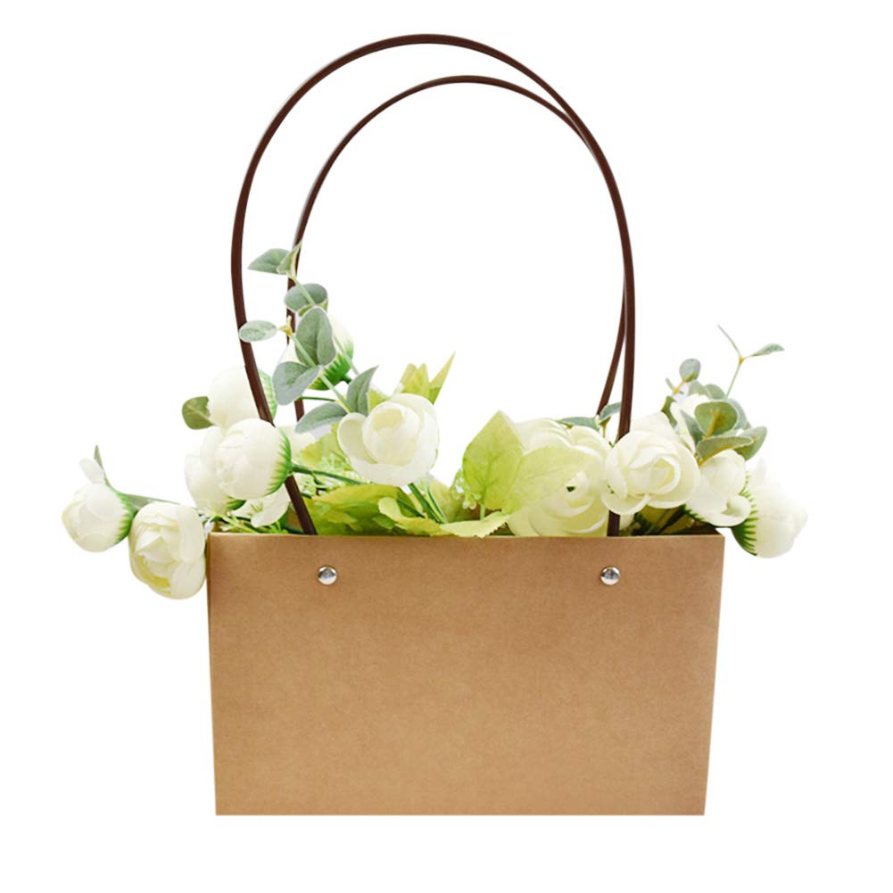 10pcs Kraft Paper Flower Gift Bags with Handle Waterproof Bouquet Carry Box Bag for Rose Carnations Hand Tied Floral Arrangement Plant Carrier Package Party Bag