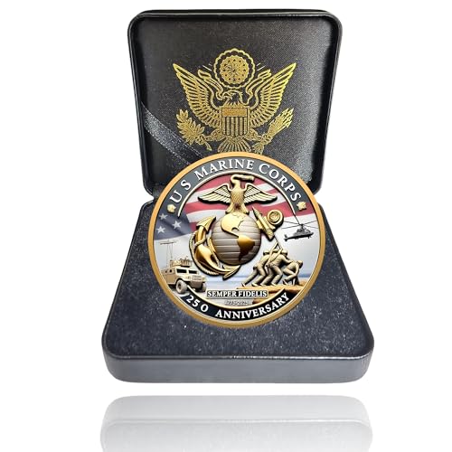 USMC 250th Anniversary Commemorative – Navy 250th Anniversary Coin, Double-Sided Marine Corps Challenge Coin with Metal Gift Box – Collectible Gift for Veterans, Marines, Patriots – 1.57