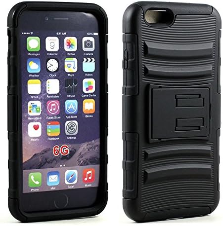 iphone 6s 6 Kickstand Rubberized Black Armor Velvet Feel Anti Scratch Impact Resistant Case Cover Trust Worthy Protective Slim Fit Exact Cut With Free Holster for For Apple iPhone 6s 6 4.7