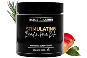 BASK & LATHER Stimulating Hair & Beard Balm, Leave-in Conditioner With Essential Oils, Mango & Shea Butter, Supports Itchy or Dry Scalp for All Types, Strengthens & Shines Beards, 4 fl oz