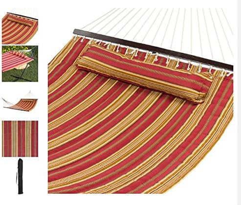 Quality Hammock - Hammock Quilted Fabric With Pillow - Double Size Spreader Bar - Heavy Duty Stylish - Bench Garden Patio Outdoor Furniture Porch - Swing Hanging Rope Air Seat