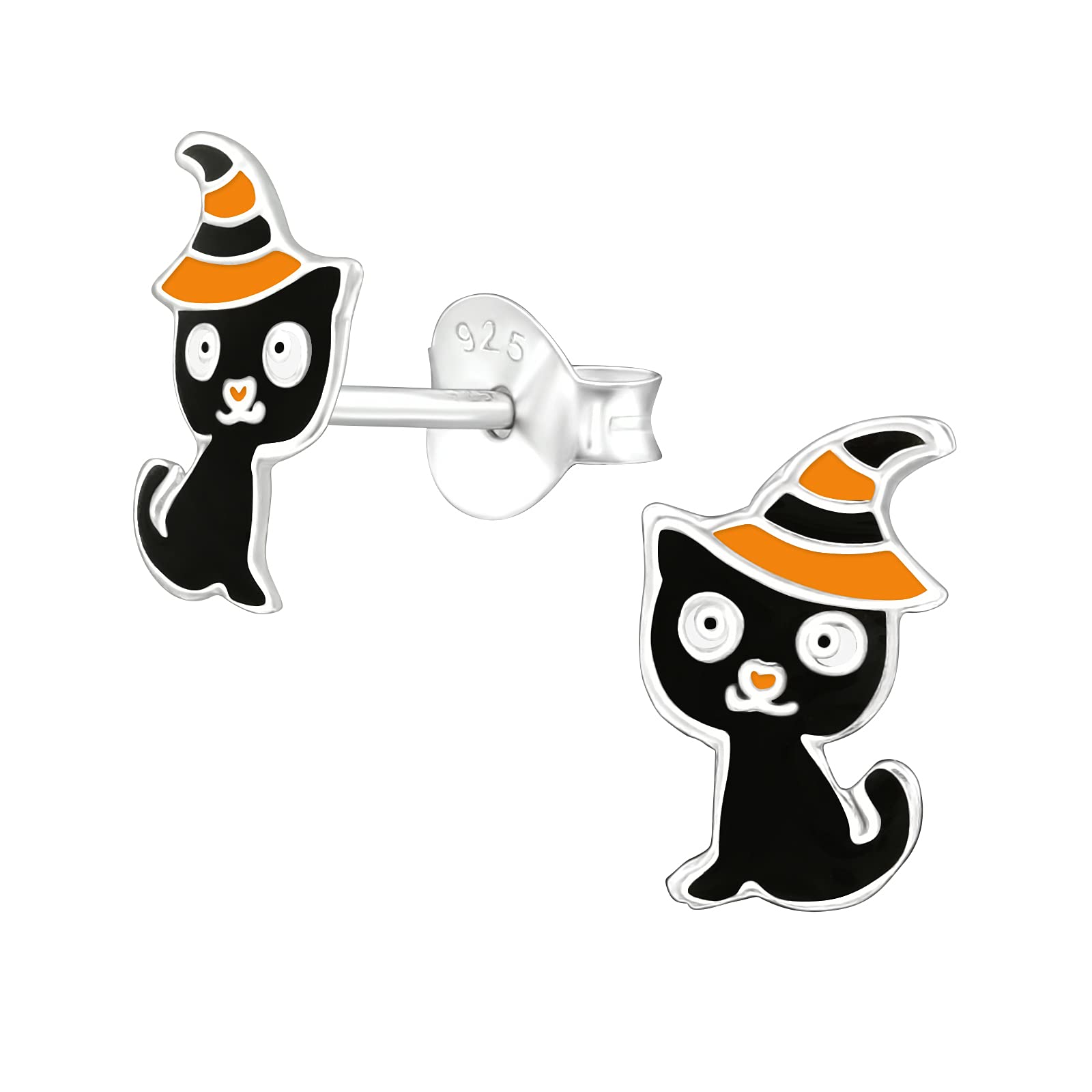 Halloween Black Cat in a Witches Hat Earrings 925 Sterling Silver