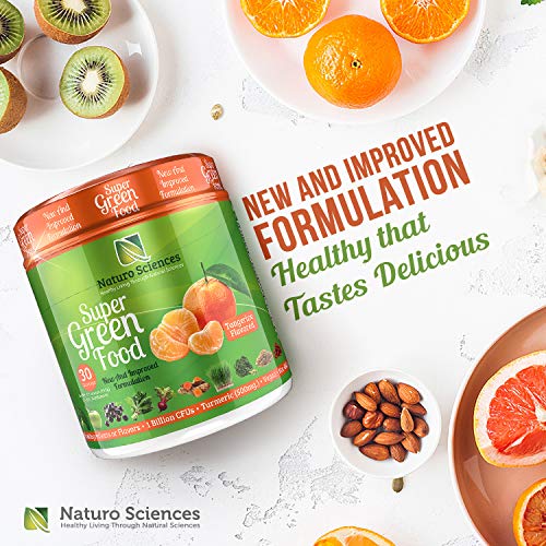 100% Natural Greens Powder, Over 10 Hard to Get Superfoods, Greens Supplement Powder 1 Month's Supply, Green Organic Blend with 1 Billion CFU Probiotics and 500mg Turmeric, Tangerine Flavor, 30 Svgs.