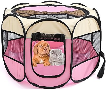 Petoice 2-Door Foldable Portable Waterproof Pet Playpen Kennel Exercise Pens for Dogs Cats Rabbits Outdoor Indoor,Pink,M(35.4"L x 35.4"W x 23.6"H)