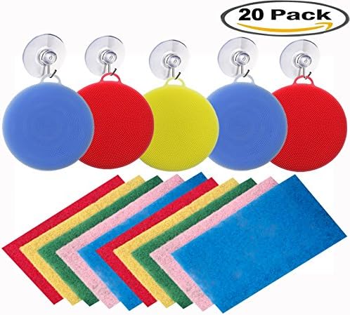 Silicone Dish Sponge Washing Brush Scrubber 05 pack Household cleaning sponges,10 Scouring Pads &amp; 05 Free Suction Cups With Hanger Hook Food Grade 20 Pack Kitchen Dish Cleaning Brushes