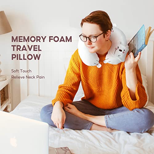MINISO Kids Travel Neck Pillow with Eye Mask, Cartoon Snow White Bear 100 Memory Foam