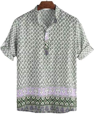 TENGGO Mens Ethnic Style Printed Half Sleeve Loose Casual T-shirts-Green-L