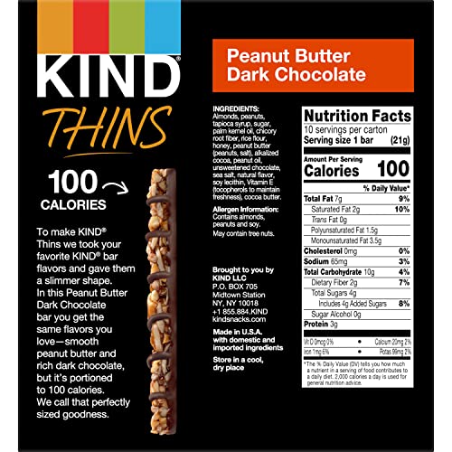 KIND THINS SNACK BARS, PEANUT BUTTER DARK CHOCOLATE, GLUTEN FREE, LOW CALORIE, HEALTHY SNACKS, 4G SUGAR, 10 COUNT