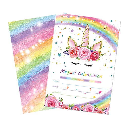 Outego Magical Rainbow Unicorn Birthday Invitation, Glitter Unicorn Party Invitations with Envelopes for Kids Birthday Baby Shower Unicorn Party Supplies (20 Pack)