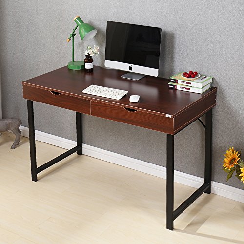 Dland Home Office Computer Desk with 2 Drawers 858-W, Composite Wood Board with Metal Frame, Walnut Black Leg, 47" Medium Size, 1 Pack