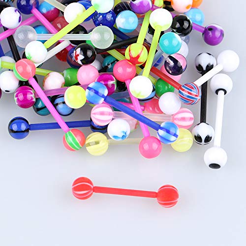 CrazyPiercing 100Pcs 14G Acrylic Tongue Rings, Multi Color Assortment Flexible Tongue Rings Barbells Mix Piercing