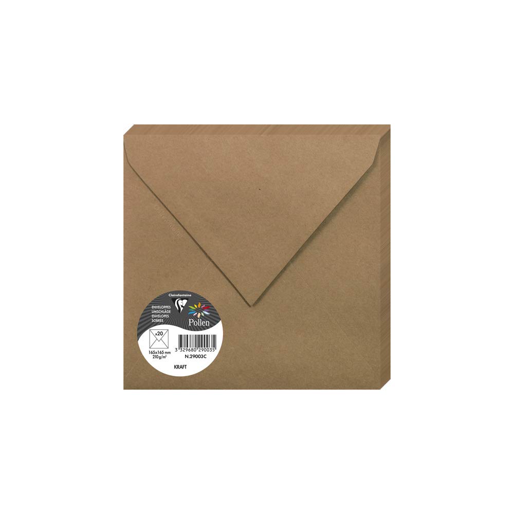 Clairefontaine 29003C Kraft Paper Pack of 20 Gummed Envelopes Square(16.5x16.5cm) 120gsm Kraft Colour Invitation Events Correspondence Pollen Range Premium