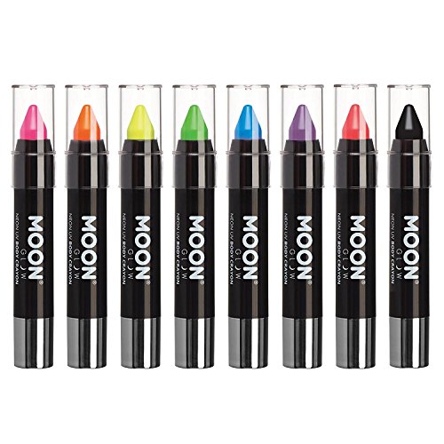 Moon Glow - Blacklight Neon Face Paint Stick/Body Crayon makeup for the Face & Body - Pastel set of 8 colours - Glows brightly under blacklights