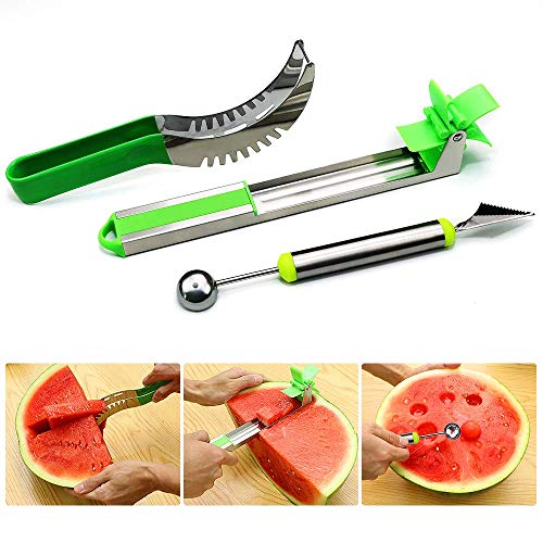 Windmill Watermelon Cutter Set - Stainless Steel Watermelon Slicer, Carver, Cutter, Knife - Carving and Cutting Tools for Home 3 PACK
