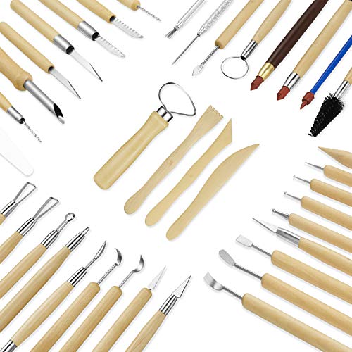 Pottery and Clay Sculpting Tools Double Sided Tool Set Sturdy Toolkit 42 Pcs for Polymer Clay Tools for Carving and Chipping Sculpting Tool Set for Beginner Carrying Case Artist Apron Cloth