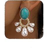 YERTTER Dainty Turquoise Faux Pearl Earrings Vintage Statement Dangle Earrings Pearl Tassel Drop Earrings for Women