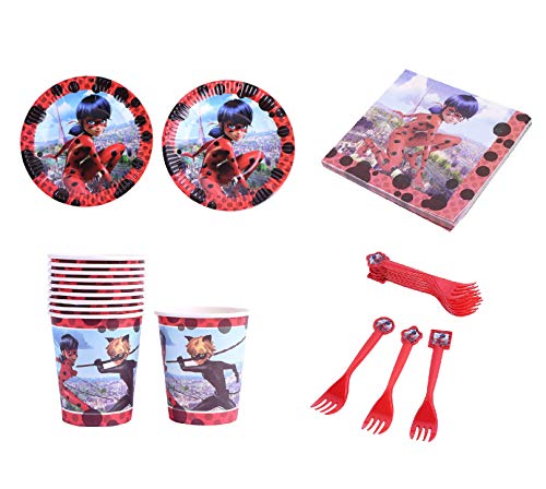 Astra Gourmet Miraculous Ladybug Theme Tableware Set - Include Dessert Plates, Cups, Napkins and Forks for Ladybug Theme Kids Birthday Party Celebration Party Supplies - Bundle for 20