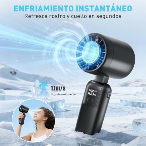 BALYSTOK Ventilador Portátil Recargable con Enfriamiento Instantáneo, 100 Velocidades Ajustables, Plegable 3 en 1, Mini Ventilador de Mano con Pantalla Digital, 4000mAh, USB-C