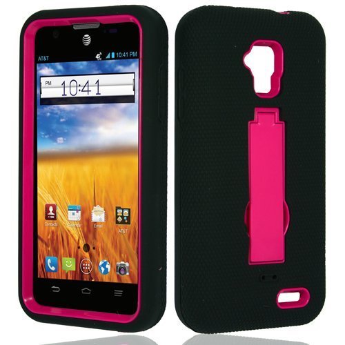 Black/Hot Pink Symbiosis Stormer Impact Armor Kickstand Case + Atom LED Keychain Light for ZTE Unico LTE Z930L