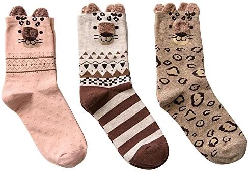 Miustyle 3 Pairs Women's Girls Cute Animal Leopard Pattern Cartoon Casual Cotton Winter Crew Socks