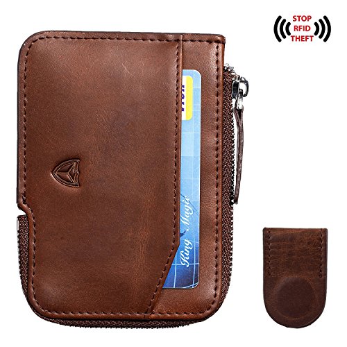 Slim Wallet with Zipper RFID Sleeves Front Pocket Minimalist Wallet Card Holder (updated coffee)