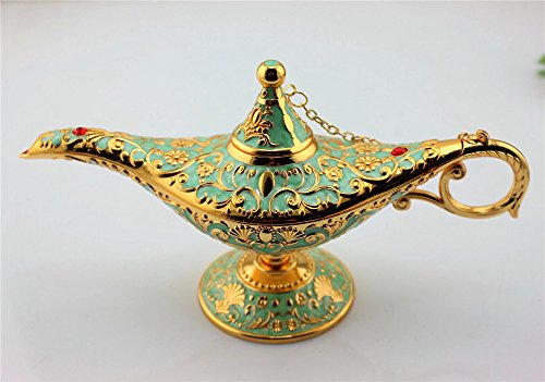 SY Crafts Enamel Metal Aladdin Genie Lamps Incense Burners Legend Aladdin Magic Lamp (Gold+Green)