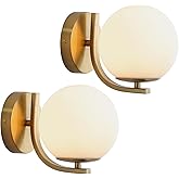 Popity home Gold Wall Sconces Set of 2, Mid Century Modern Wall Sconce with Globe Frosted Glass Shade, Art Deco Wall Mounted 
