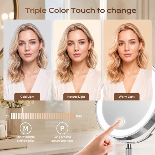 Dienmern Lighted Makeup Mirror, 1X/20X Double-Sided Magnifying Vanity Mirror with Lights, 360° Rotation, 5000mAh Rechargeable Adjustable Brightness with 3 Colors for Dorm, Living Room, Women Gift
