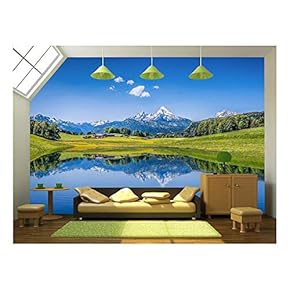 Panoramic View of Idyllic Summer Landscape in The Alps with Clear Mountain Lake - Removable Wall Mural | Self-Adhesive Large Wallpaper - 66x96 inches