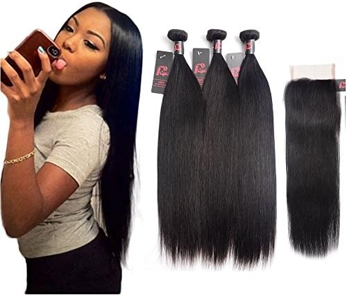 8A Malaysian Straight Hair 3 Bundles With Closure Virgin Unprocessed Human Hair Wefts Hair Extensions Deal With Mixed Lengths 18 20 22 24 Inches With 16 Inches Free Part Closure
