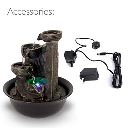 SereneLife 4-Tier Desktop Electric Water Fountain Decor w/ LED - Indoor Outdoor Portable Tabletop Decorative Zen Meditation Waterfall Kit Includes Submersible Pump & 12V Power Adapter