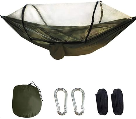 Amazon Co Jp 蚊帳付きの全自動スピードオープンハンモック 屋外用シングルおよびダブルナイロン布キャンプポール蚊帳ハンモック バックパック キャンプ 旅行 ビーチなどに適した軽量のポータブルハンモック Color Army Green Size 260 140cm ホーム