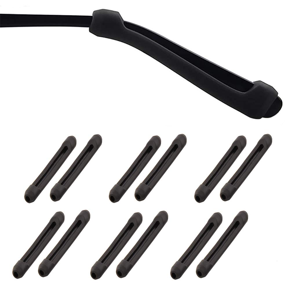 PIPJOY Premium Ultra Soft Anti Slip Silicone Eyeglass Temple Tips - 6 Pair Ear Grips Sleeve Retainer, Black, Large
