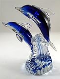 Blue and Clear Glass Double Dolphin on a Wave