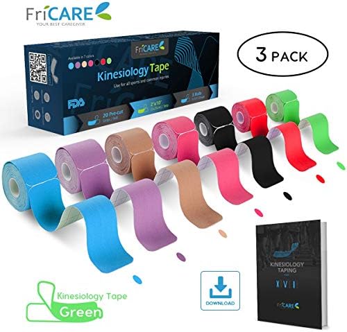 FriCARE Pre-Cut Kinesiology Sport Tape (3 Roll Pack), X Y I Shape, 17ft Athletic Kinetic Strip Aid, Breathable, Water Resistant, Pain Relief Adhesive for Muscles, Shin Splints, Knee&Shoulder (Green)
