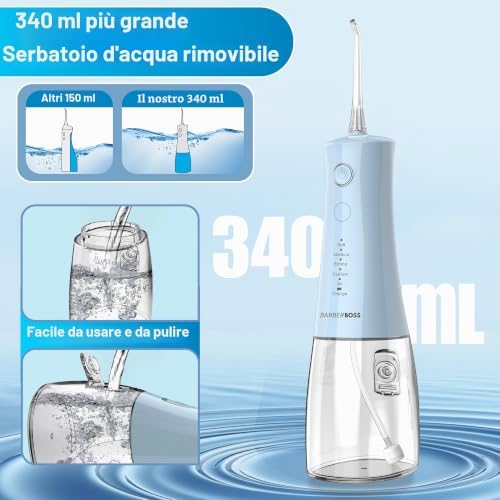 idropulsore dentale, irrigatore orale elettrico senza fili, 5 modalità di pressione, serbatoio da 340 ml, impermeabile IPX8, dispositivo portatile per la cura delle gengive (Blu Pastello)