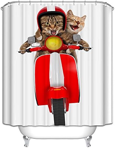 WAYLONGPLUS Personalized Bathroom Decor Cat Riding Motorcycle Pattern Plastic Shower Rings Included Waterproof Polyester Fabric Shower Curtain 60" X 72"