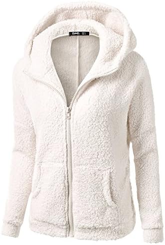 Frunalte Women Faux Fur Fashion Long Sleeve Hooded Zipper Pockets Warm Winter Oversized Outwear Jackets Sweaters