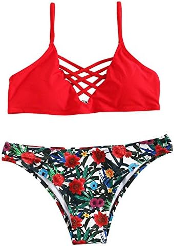 Dliunn Women's Bathing Suit Adjustable Spaghetti Strap Floral Print Criss Cross Bikini Set (red, Medium)