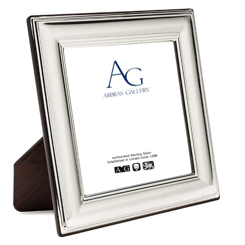 Arbras Gallery Sterling Silver Square Photo Frame 7" x 7" with Wide Band of Silver and Wood Backing