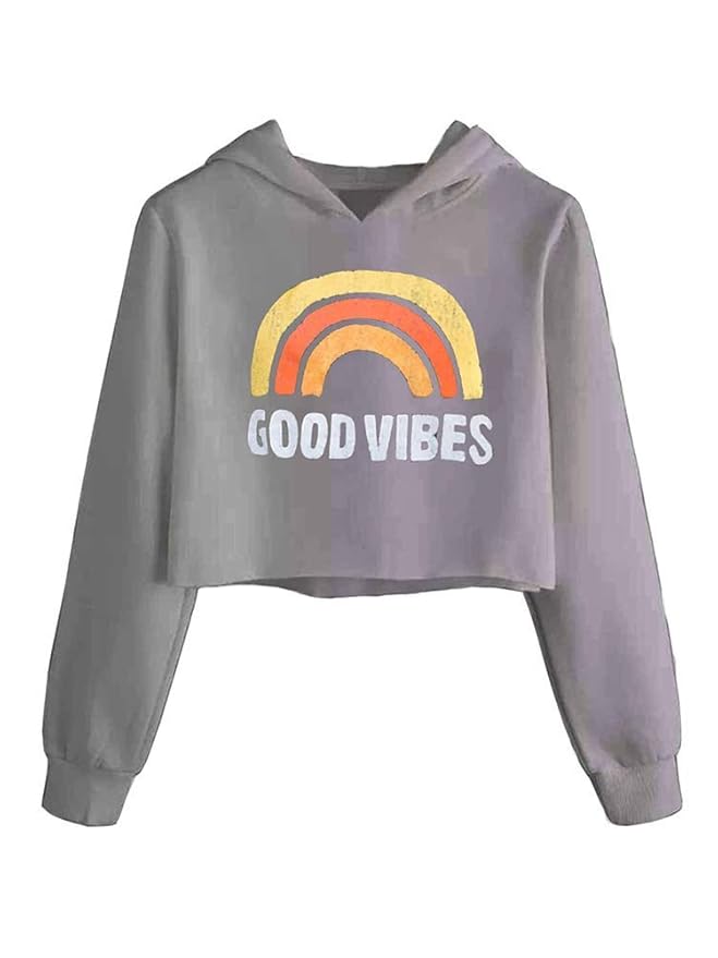 Buy Girls Fashion Rainbow Hooded Crop Tops Long Sleeve Pullover